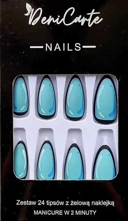 False Nails, blue almond with black border, 24 pcs.