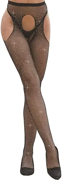 Erotic Fishnet Tights with Hole & Rhinestones, black - Clothes