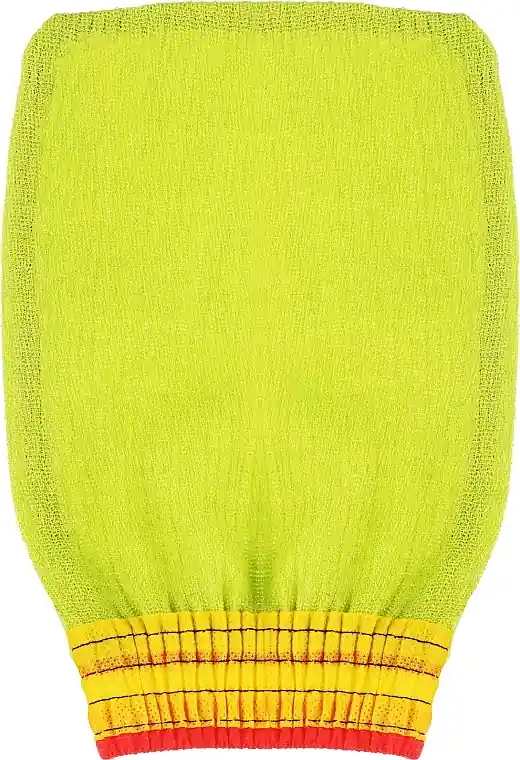 Exfoliating glove for face and body, green with yellow-red elastic