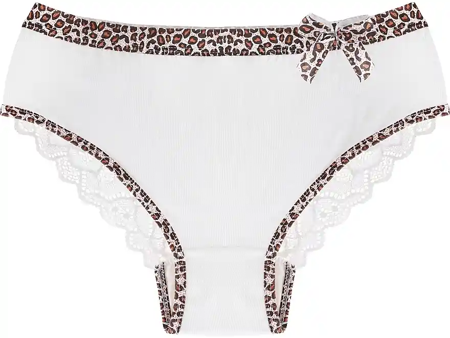 Cotton Panties with Lace, Leopard Trim, white - Clothes