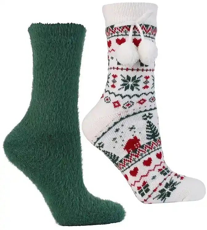 Women Long Winter Socks, 2 pairs, green+white with pattern - Clothes