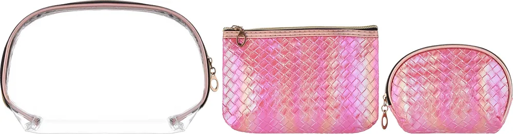 Cosmetic Bag Set, 3 pcs., transparent + pink-pearlescent + pink-pearlescent