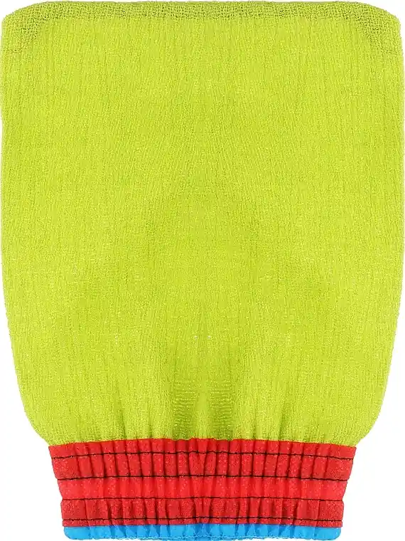Exfoliating glove for face and body, green with red-blue elastic