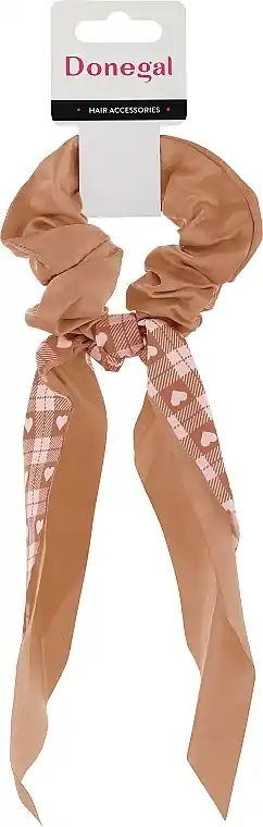 Hair tie with ribbon, FA-5733, brown-beige with beige hearts