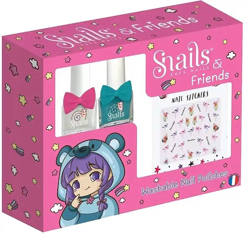 Snails Flamingos Washable Nail Polish & Nail Stickers (nail/polish/2x5ml + nail/stickers/1pcs)