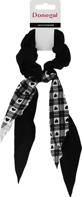 Hair tie with ribbon, FA-5733, black and white with black hearts