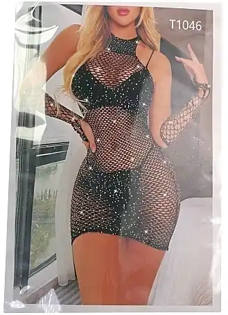 Erotic fishnet dress with rhinestones, T1046, black - Clothes
