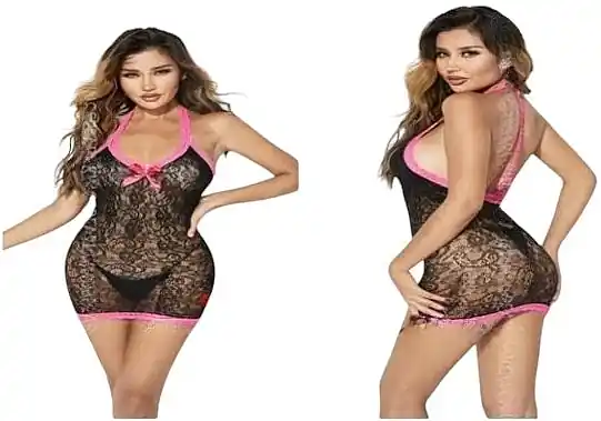 Erotic mesh dress, elastic, pink with black - Clothes