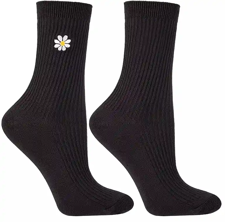 Long women's socks with daisy embroidery, CSL250-149, black