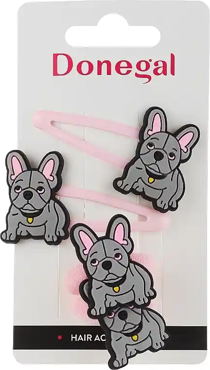 Set of hair clips and bands, FA-5663+1, pink with gray bulldogs
