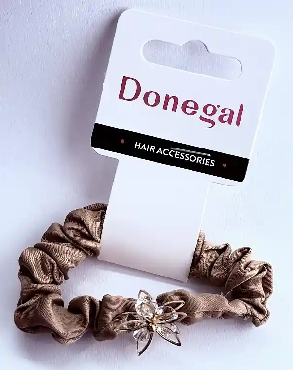 Hair tie FA-5634+2, dark beige with flower, transparent petals