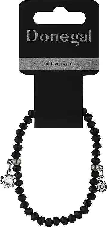 Beaded Bracelet, 6400, Black with Silver Elephant and White Stones - Costume jewelry