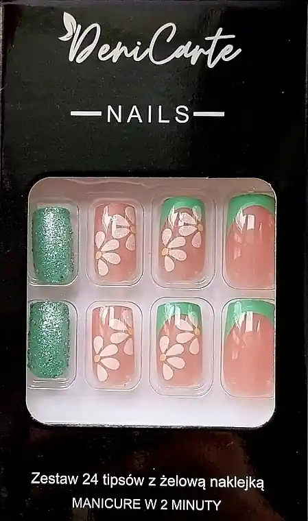False Nails, square, light green jacket with white flowers, 24 pcs..