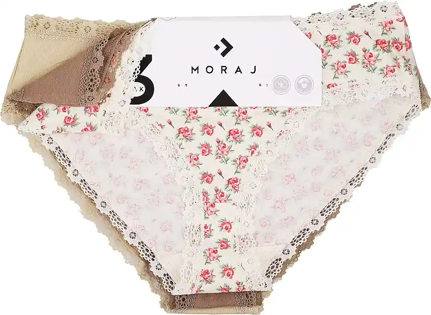 Women Cotton Panties with Fine Lace, 3 pairs, cream + brown + creamy floral - Clothes