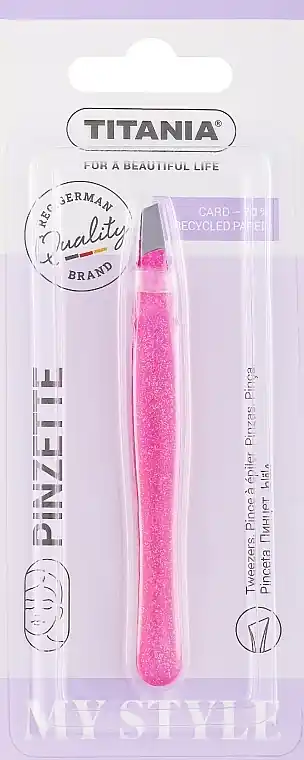 Slanted Tweezers, stainless steel, 9.2 cm, shiny pink, in blister - Accessories