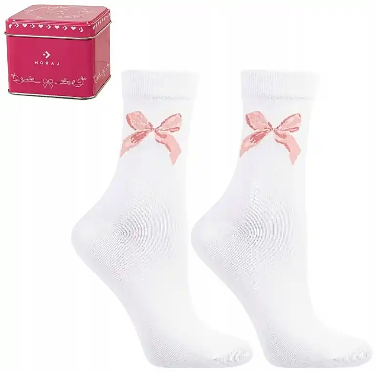 Women Socks, white with a bow+pink metal box - Clothes