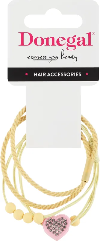 Hair elastic, FA-5697+2, yellow with a pink heart and yellow beads
