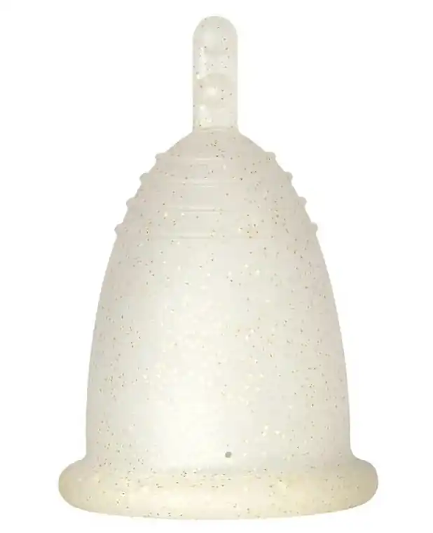 Menstrual Cup with Long Stem, XL-size, golden glitter