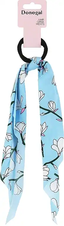 Hair Tie FA-5657, blue with white magnolias