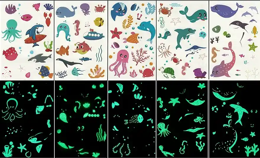 Glowing Temporary Tattoos for Kids, marine design, 5 pcs. - Accessories