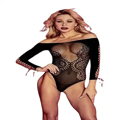 Erotic Bodysuit, Stretchy, Long Sleeve with Ribbon, Black - Clothes