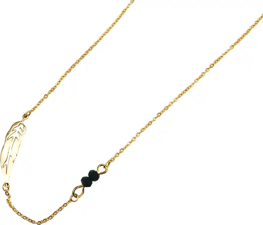 Necklace, feather and black stones, gold - Costume jewelry