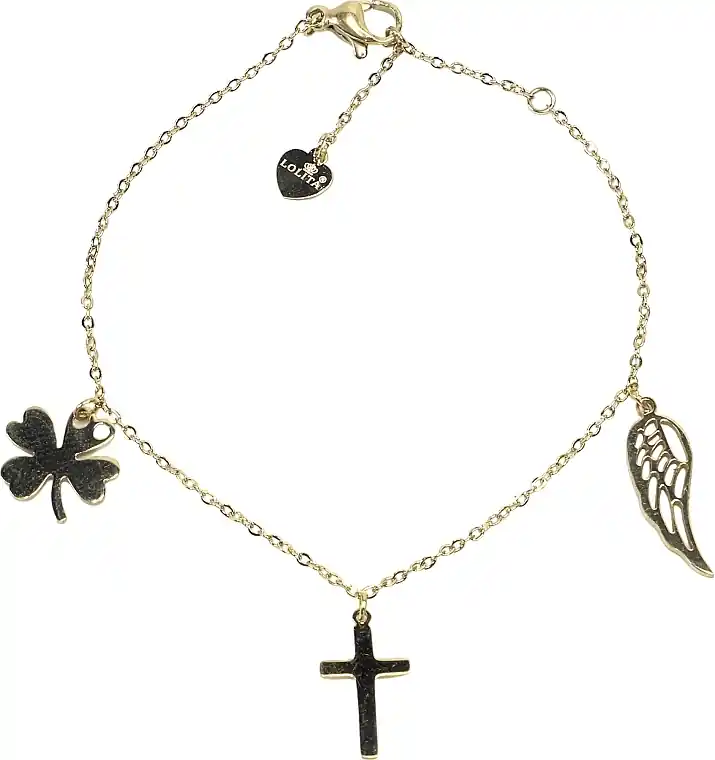 Women's Bracelet, leaf, cross and wing, gold - Costume jewelry