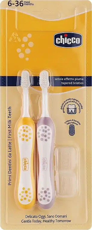 Toothbrush Set for First Teeth, 6-36 months, purple+yellow