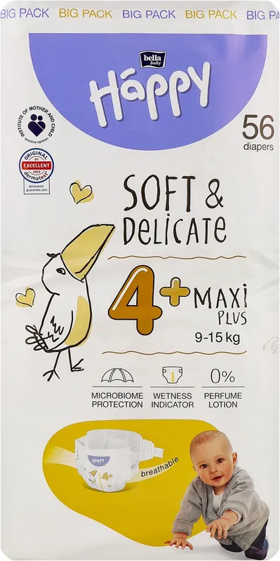 Baby Diapers 9-15 kg, size 4+ Maxi Plus, 56 pcs