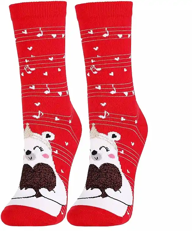 Long women's socks, CSLS250-025, red with bear