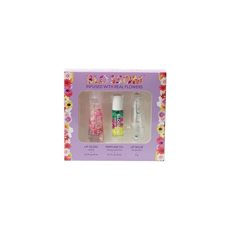 BLOSSOM MOISTURIZING LIP GLOSS, ROLL ON PERFUME OIL & COLOR CHANGE LIP BALM SET OF 3