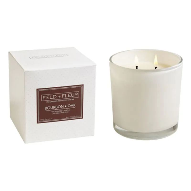 HILLHOUSE NATURALS FIELD + FLEUR 2-WICK CANDLE IN WHITE GLASS - BOURBON OAK