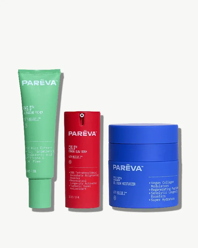 Complete Longevity Trio: C35.5 Glow Serum + Coll20 Moisturizer + RH5.5 Primer - Parëva Beauty