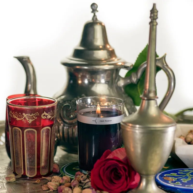 moroccan rose petal topped candle - red flower